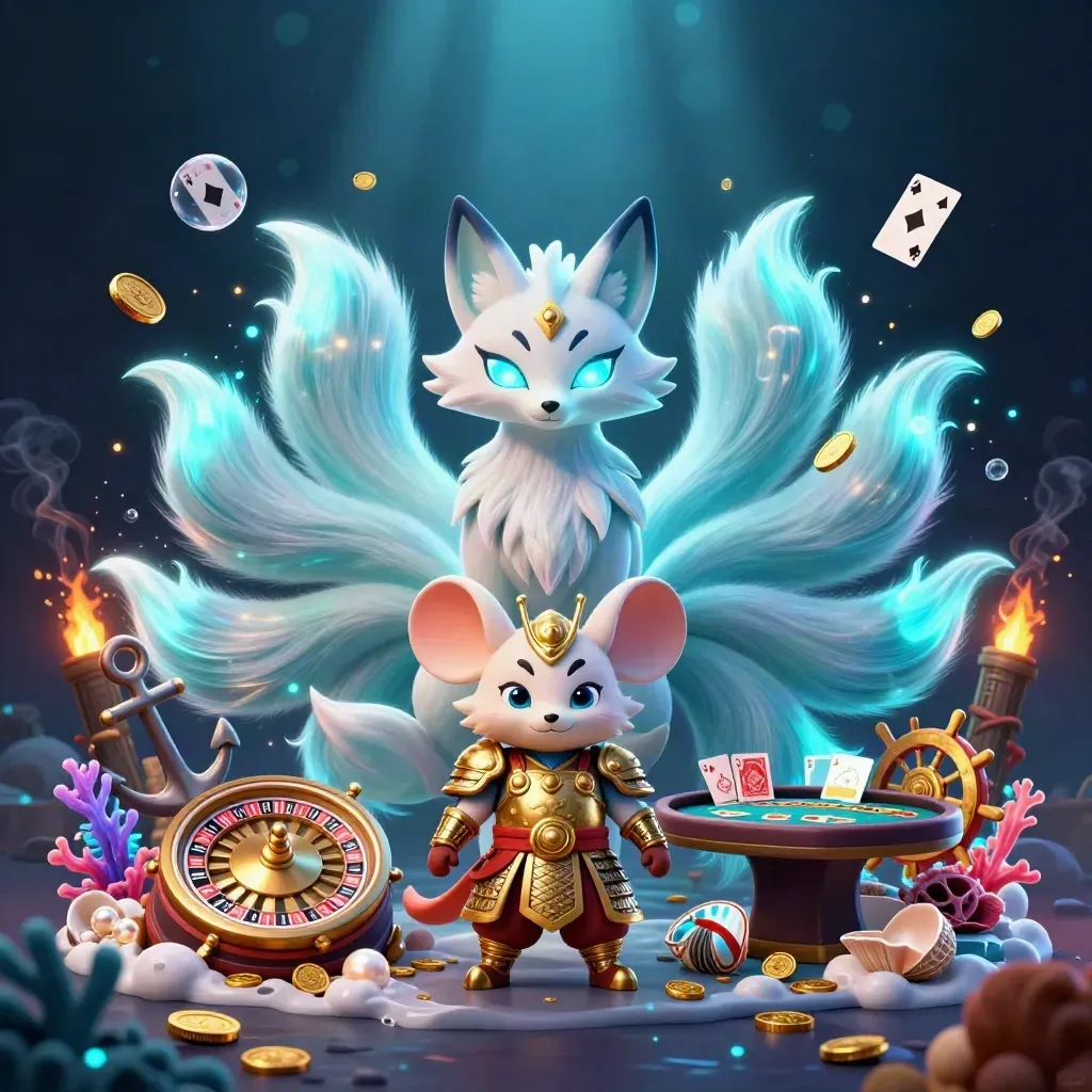 Neon fox spirit and samurai mouse amid casino treasure, cards, coral and spinning roulette