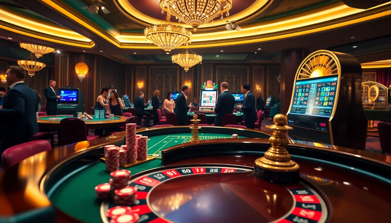 Experience the vibrant scene of vaoluoitv with poker chips, roulette, and slot machines in a luxurious casino.