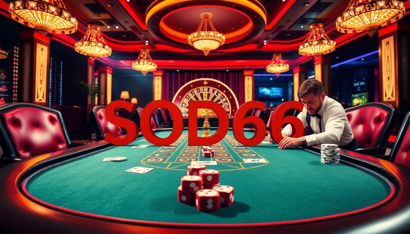 SODO66 casino players engaging at a high-stakes poker table surrounded by vibrant gaming elements.