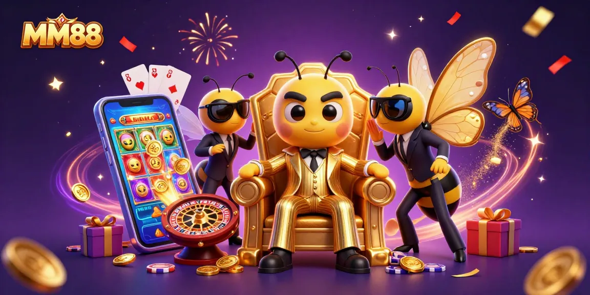 Engage with MM88's vibrant world of online gaming in this dynamic 3D scene filled with excitement.