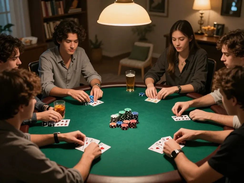 KUBET players strategizing during an engaging home poker night with vibrant chips and cozy ambiance.