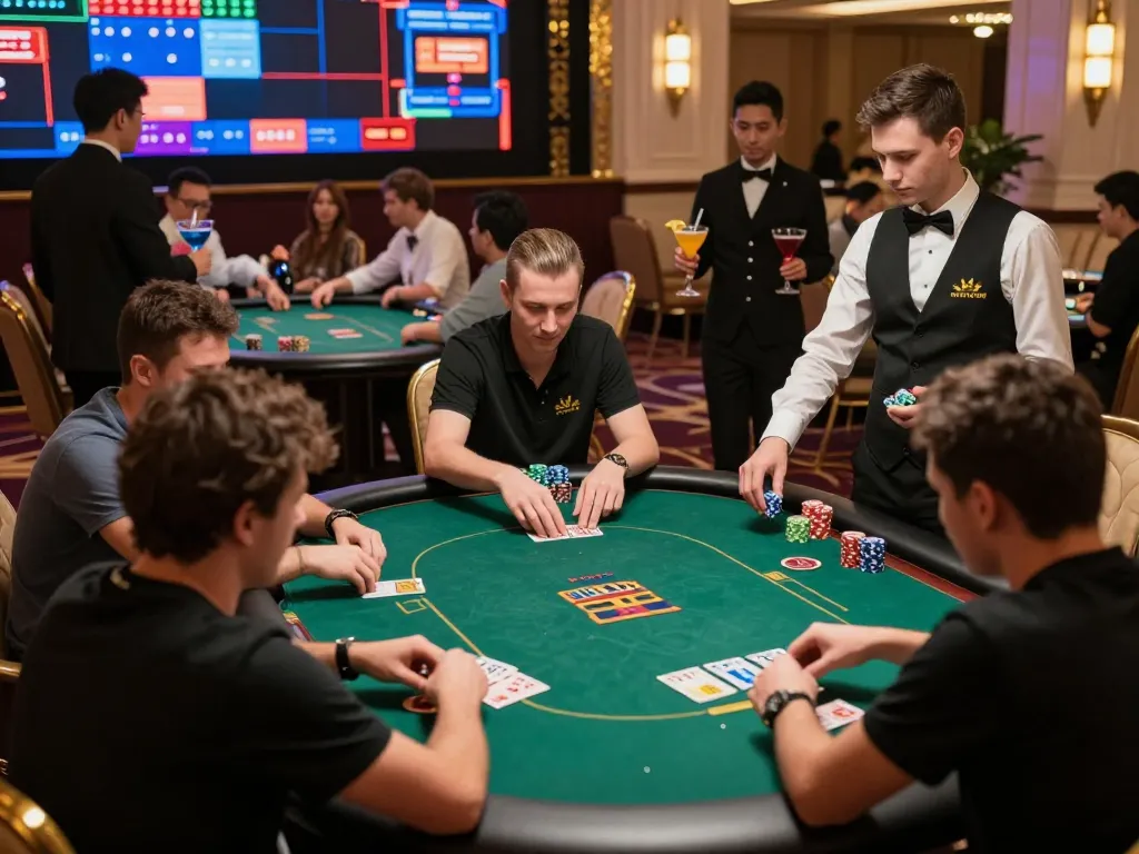 TT88 nhà cái poker tournament scene with focused players at a luxurious casino table.