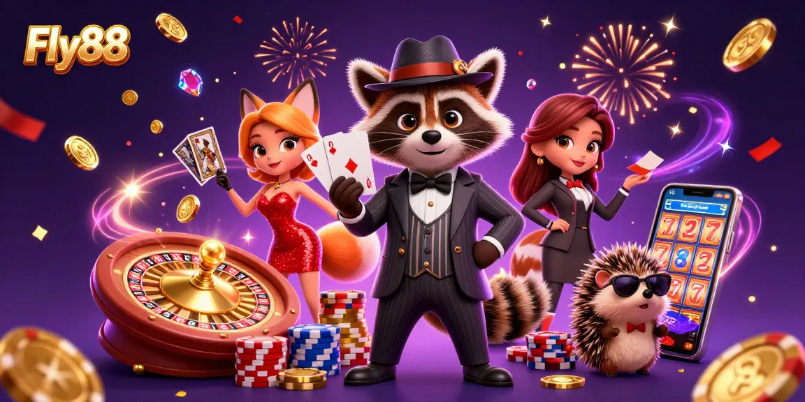 Fly88 captivates with a raccoon holding a royal flush amidst vibrant casino elements.