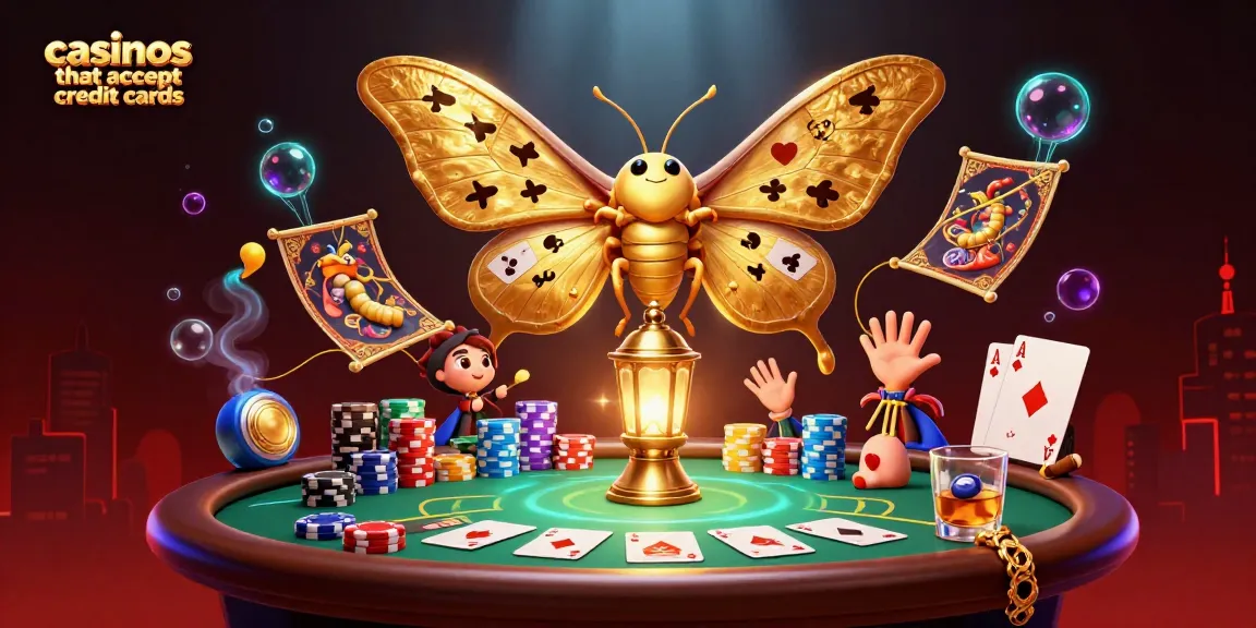 Engage with casinos that accept credit cards, showcasing an atlas moth beside vibrant poker elements.