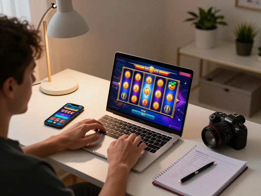 Engaging in Slot Malaysia gaming with laptop setup showcasing vibrant reels and strategic notes.