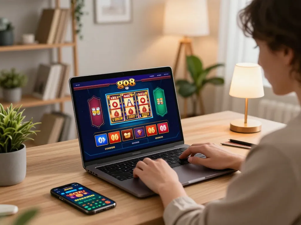 Engaging in online casino gaming at home using go8 casino interface.