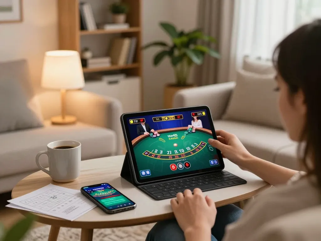 Engaging in blackjack gameplay on a tablet with ww88 casino app, cozy home setup.