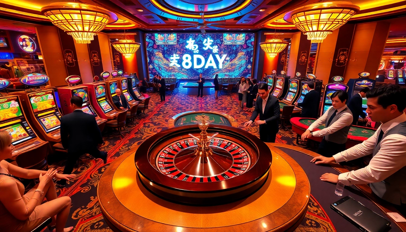 Experience the thrill of betting at the 8DAY casino featuring vibrant gaming tables and exciting slot machines.
