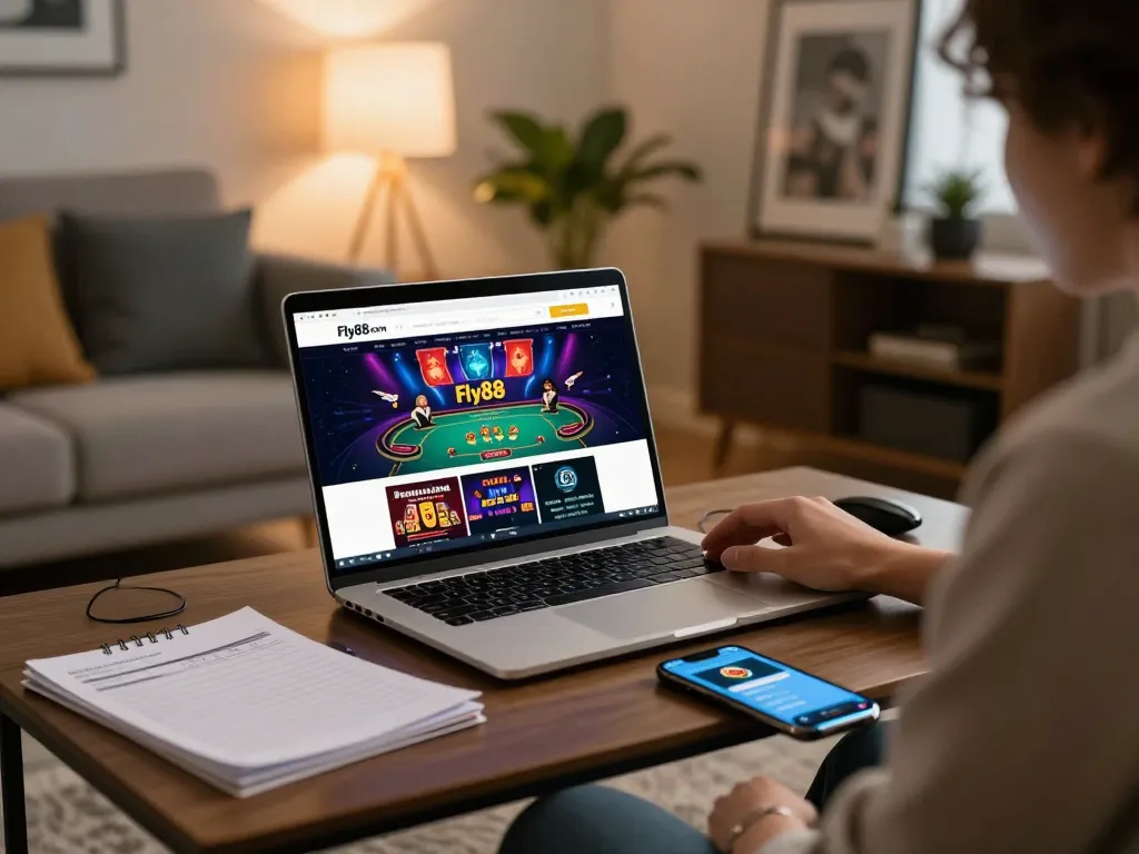 Engaging gameplay on Fly88 com with vibrant slots and poker games visible on the screen.
