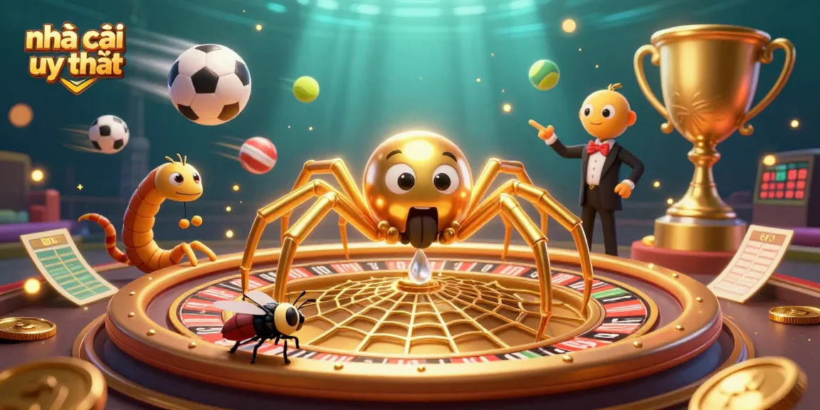 Engage with the vibrant scene of a nhà cái uy tín featuring a golden spider spinning a roulette wheel web, showcasing sports betting excitement.