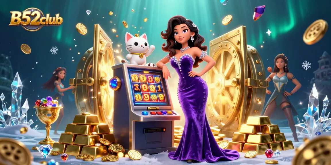 B52club invites players to enjoy an exhilarating gaming experience with a stunning jackpot scene featuring a glamorous woman and fortune cat.