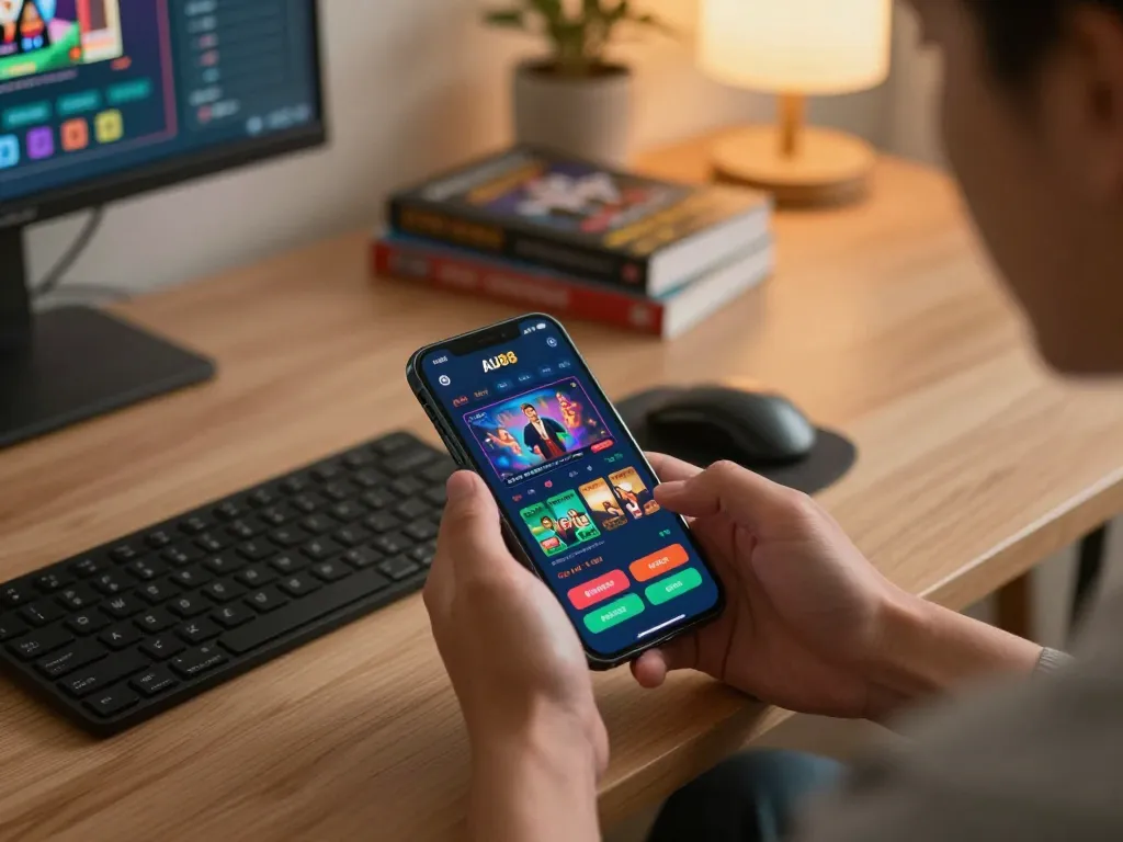 Engaged player exploring AU88 mobile app for real-time betting in a modern home setting.