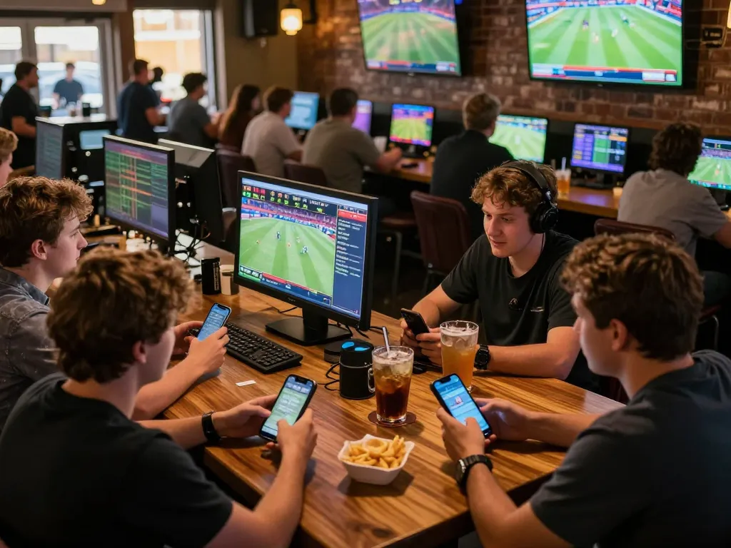 Fabet's lively sports betting atmosphere featuring enthusiastic players analyzing odds.