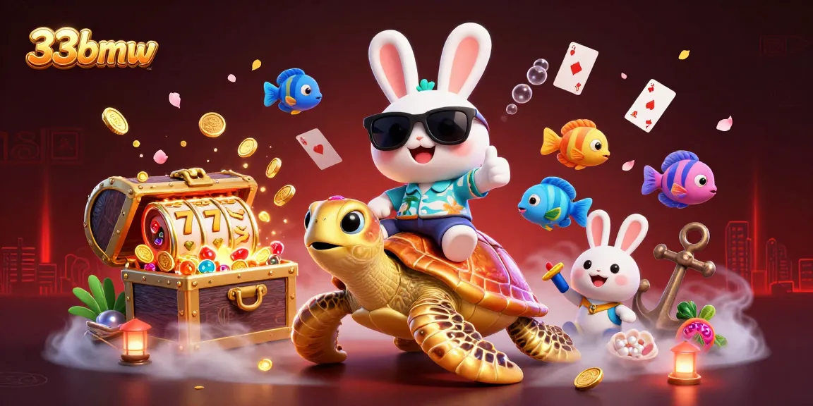 Experience thrilling gameplay with 33bmw's vibrant scene of luck and fortune featuring a cartoon rabbit and golden turtle.