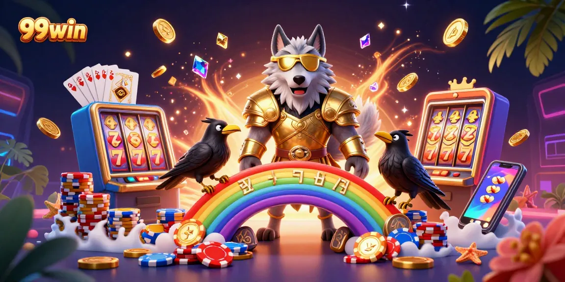 Spin the 99win slot machine with Odin and ravens, surrounded by vibrant casino elements.