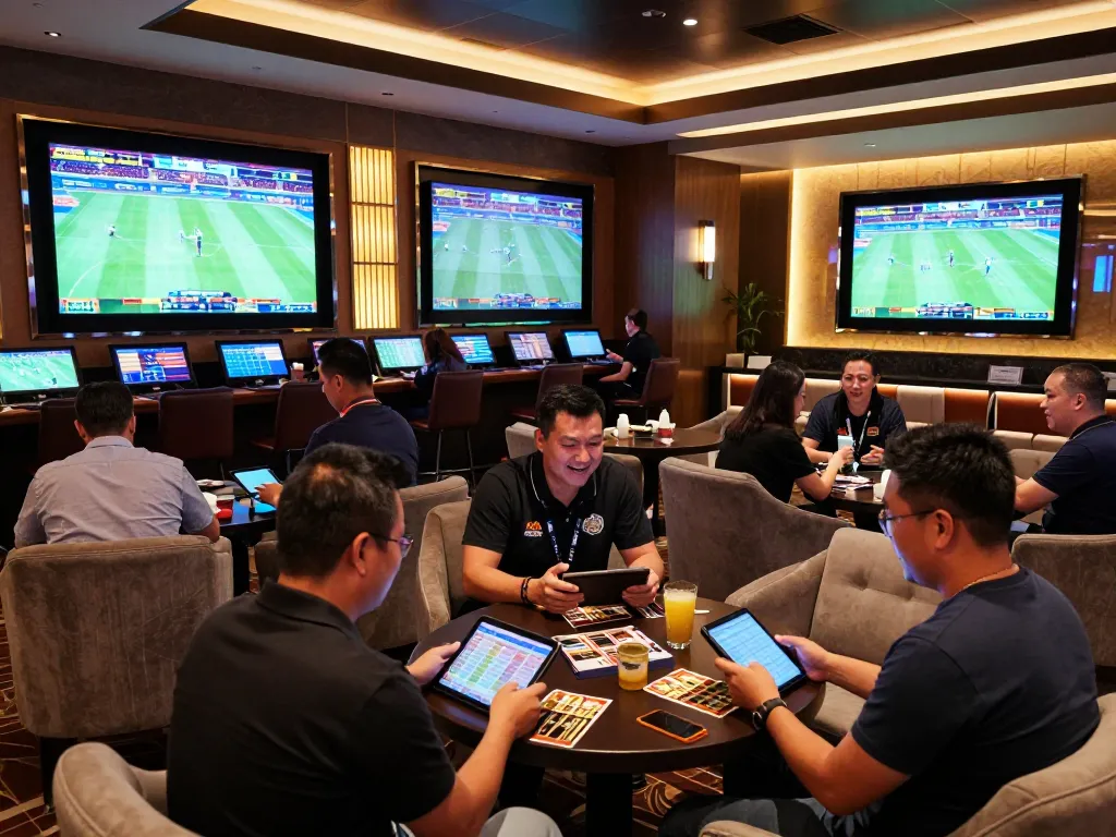 Footballl fans placing bets in a vibrant casino sportsbook lounge, capturing the excitement of live betting.
