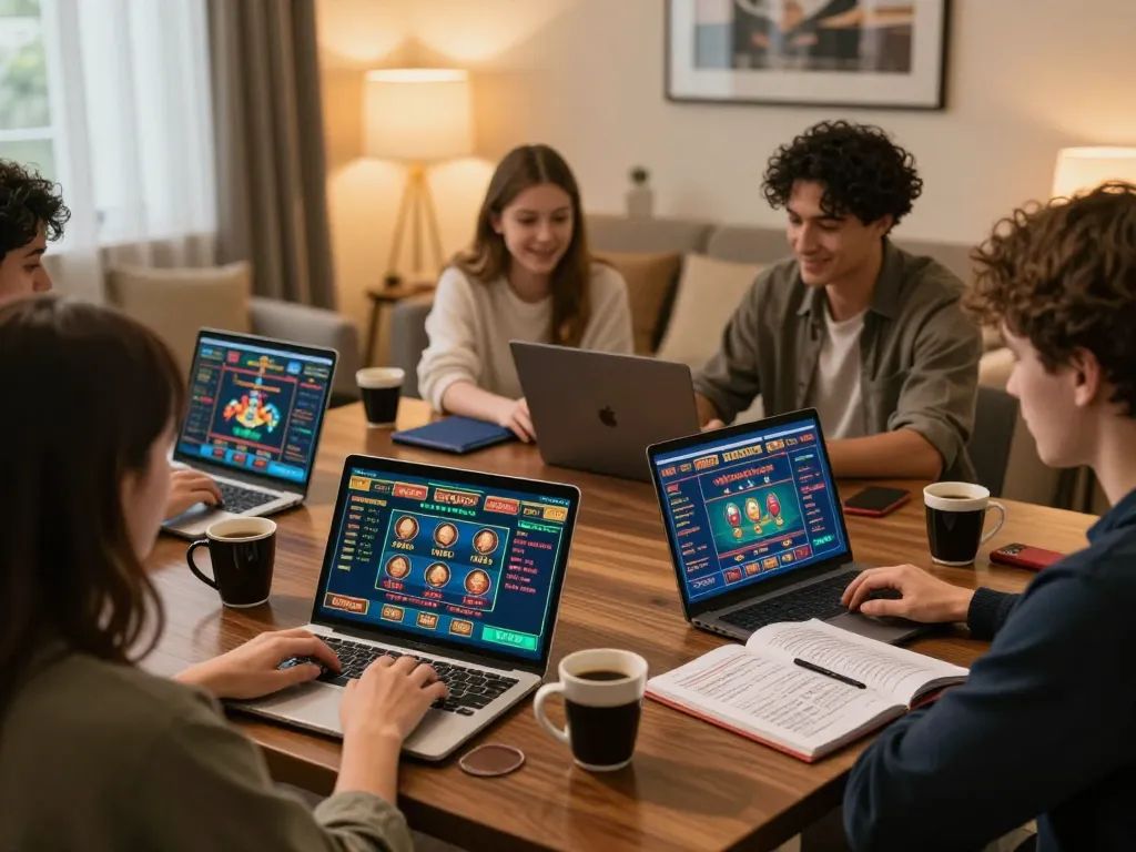 Players engaging in online gambling on alo8 with laptops and friendly atmosphere