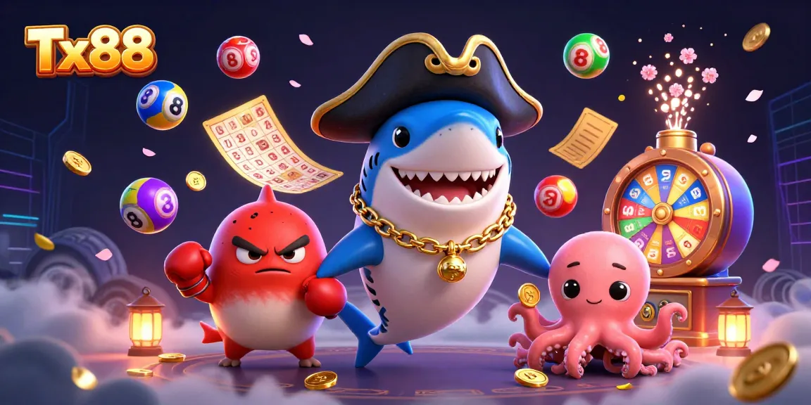 Engage with Tx88's vibrant casino scene featuring a fun shark, pufferfish, and octopus celebrating wins.