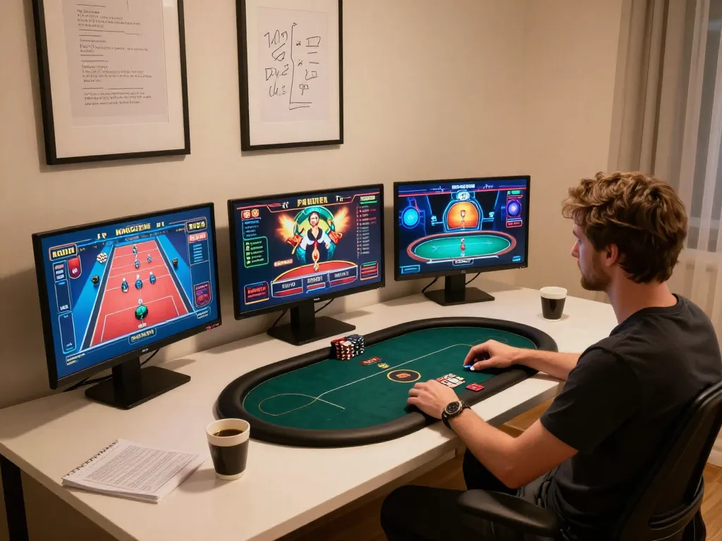 Engaging online gaming experience with DN88 poker setup, showcasing strategy and focus in a cozy environment.