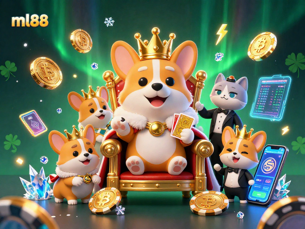 Experience excitement with ml88 as the royal corgi throne scene bursts with neon and golden gaming elements.