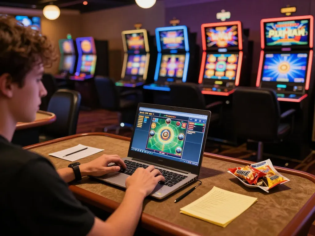 Player enjoying 8EE E online slots on laptop with vibrant casino visuals in background.