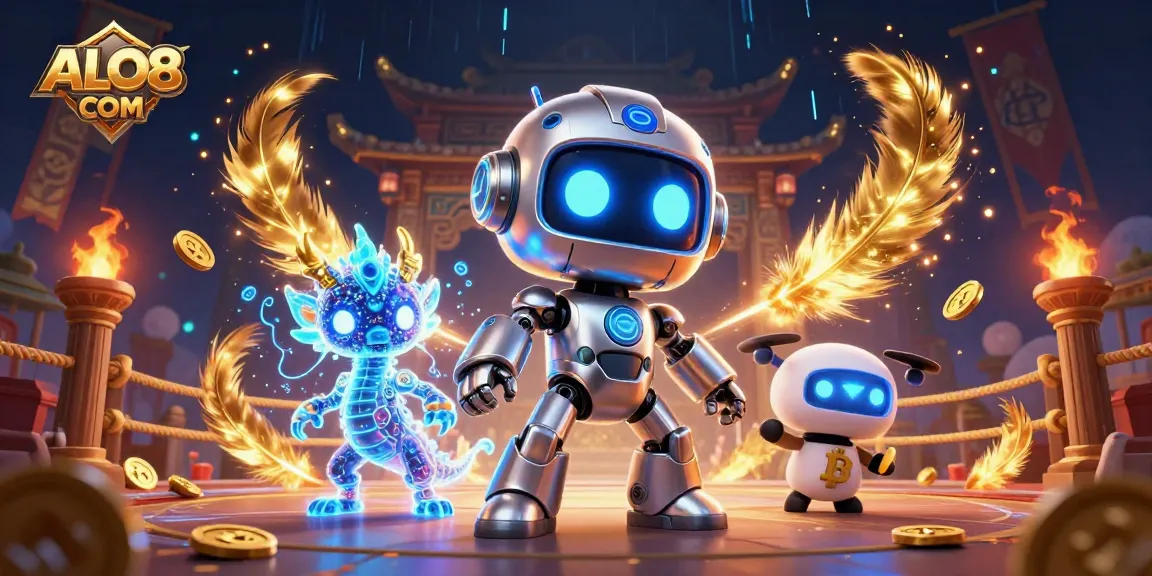 Win big at ALO8 COM with a dynamic 3D casino scene featuring vibrant characters and thrilling elements.