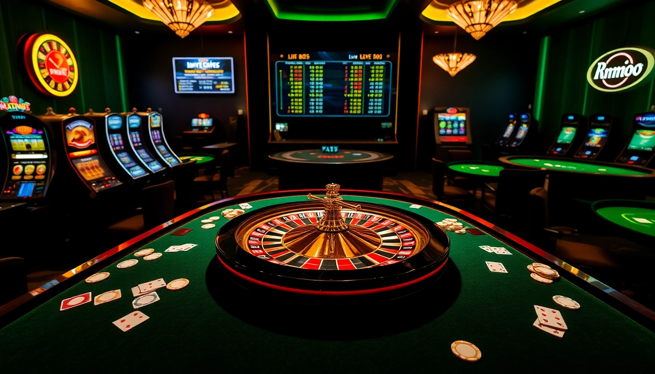 Exciting casino scene with mmoo branding, featuring roulette wheel, slot machines, and poker chips.