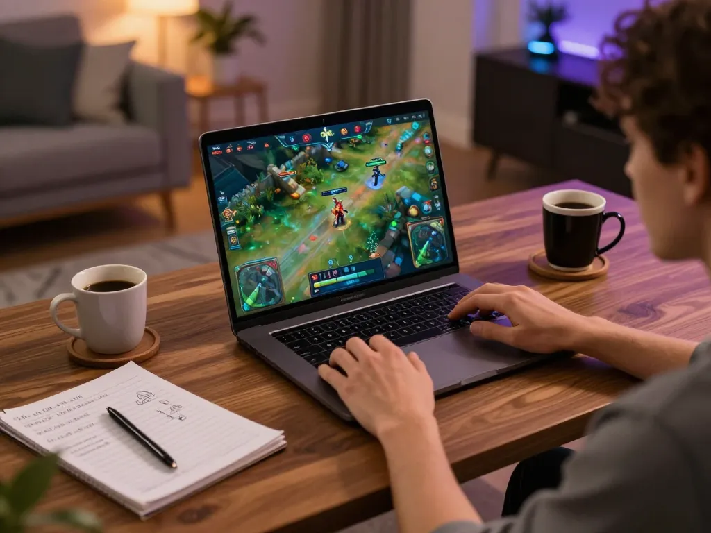 Player enjoying rikvip online casino experience on laptop in a cozy home setting.