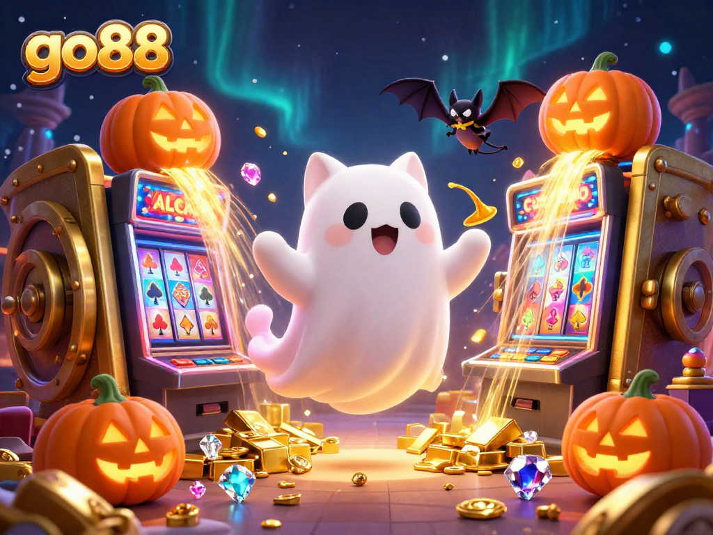 Experience the excitement of go88 with lively characters in a vibrant casino world, surrounded by treasures and jackpots.