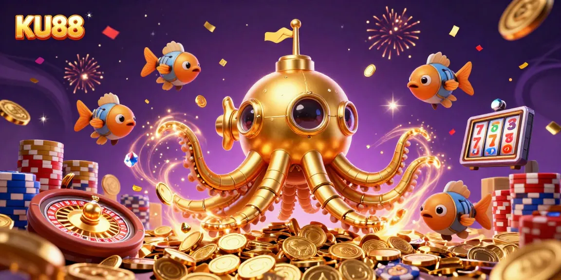 Win big at KU88 Casino with immersive golden kraken submarine and vibrant casino elements.