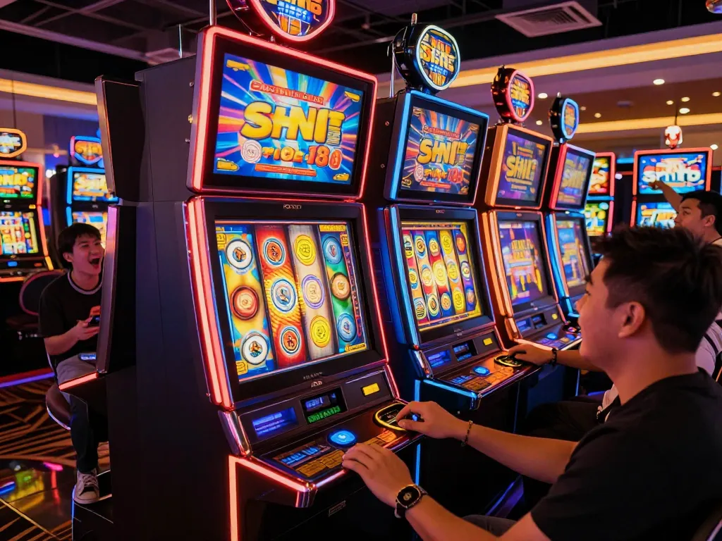 Players spinning the reels on sin88 slot machines in a lively casino atmosphere.