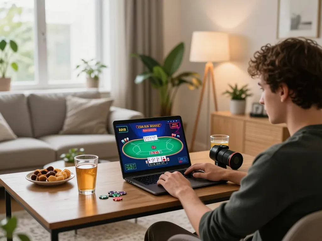 Engaged player enjoying game bài đổi thưởng uy tín on a laptop at home, showcasing vibrant gaming setup and casual atmosphere