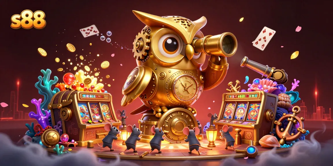 S88 captivates players with a lively casino scene featuring a golden owl and slot machines.