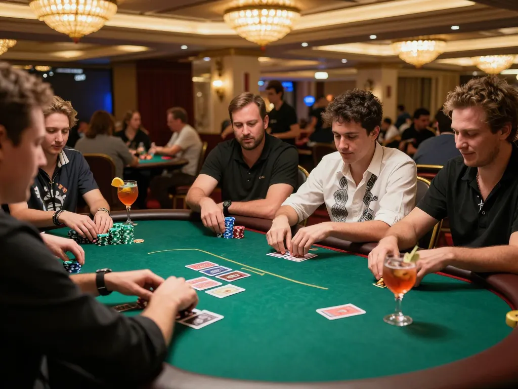 Sunwin players strategizing their bets at a luxurious poker table in an upscale casino.