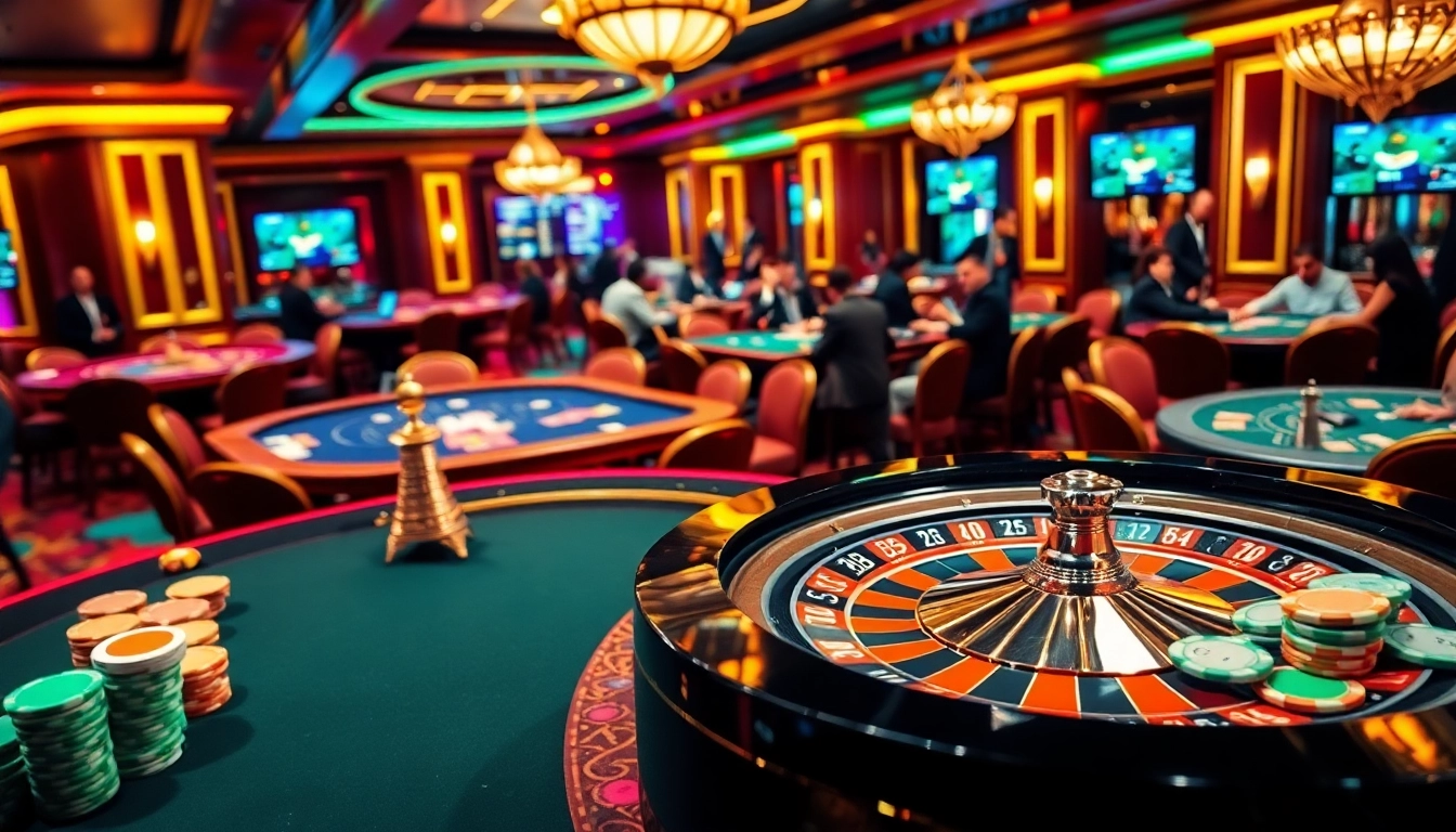 Experience thrilling action at https://bj88h.org/ with a bustling casino featuring roulette, blackjack, and vibrant gambling decor.