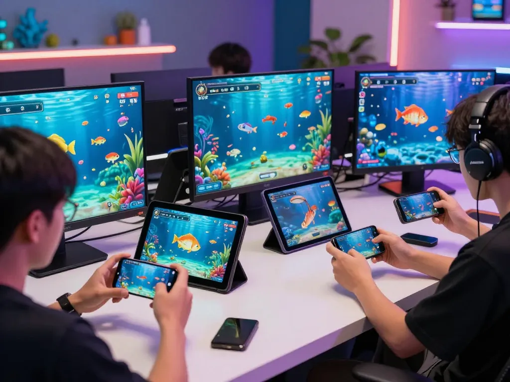 Players engaged in the dynamic game bắn cá đổi thưởng on mobile devices, showcasing vibrant underwater graphics and exciting gameplay.