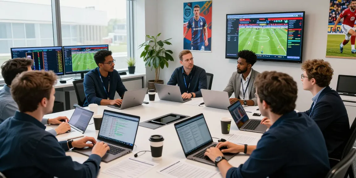 Sports analysts in a modern office analyzing tỷ lệ kèo nhà cái with live data and insights.