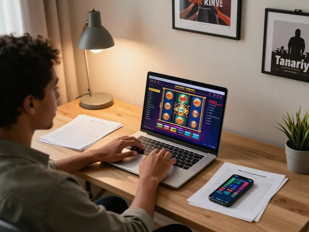 Okwintv player engaging with vibrant online casino games in a stylish home setup
