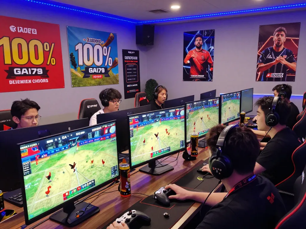 Exciting live gaming environment at https://ga179i.com/ with players engaged in cockfighting matches, showcasing vibrant screens and promotional banners.