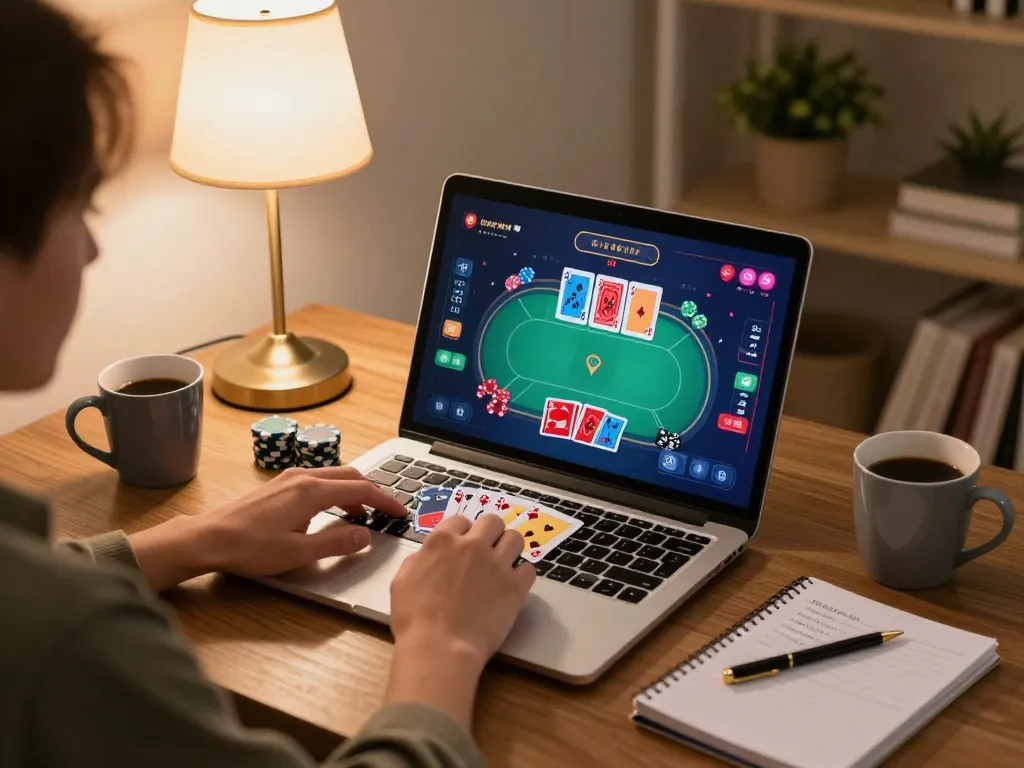 Engaging in an online poker game on Ok9 with colorful cards and chips in cozy home atmosphere.
