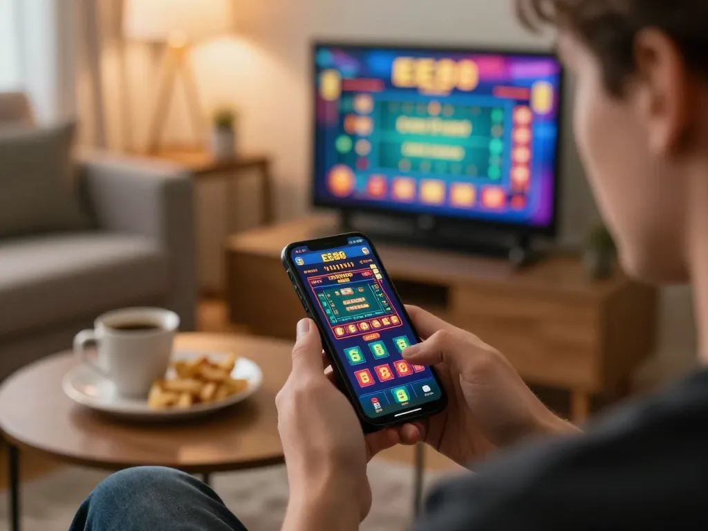 EE88 mobile app engaging player in dynamic online casino experience, showcasing vibrant game graphics.