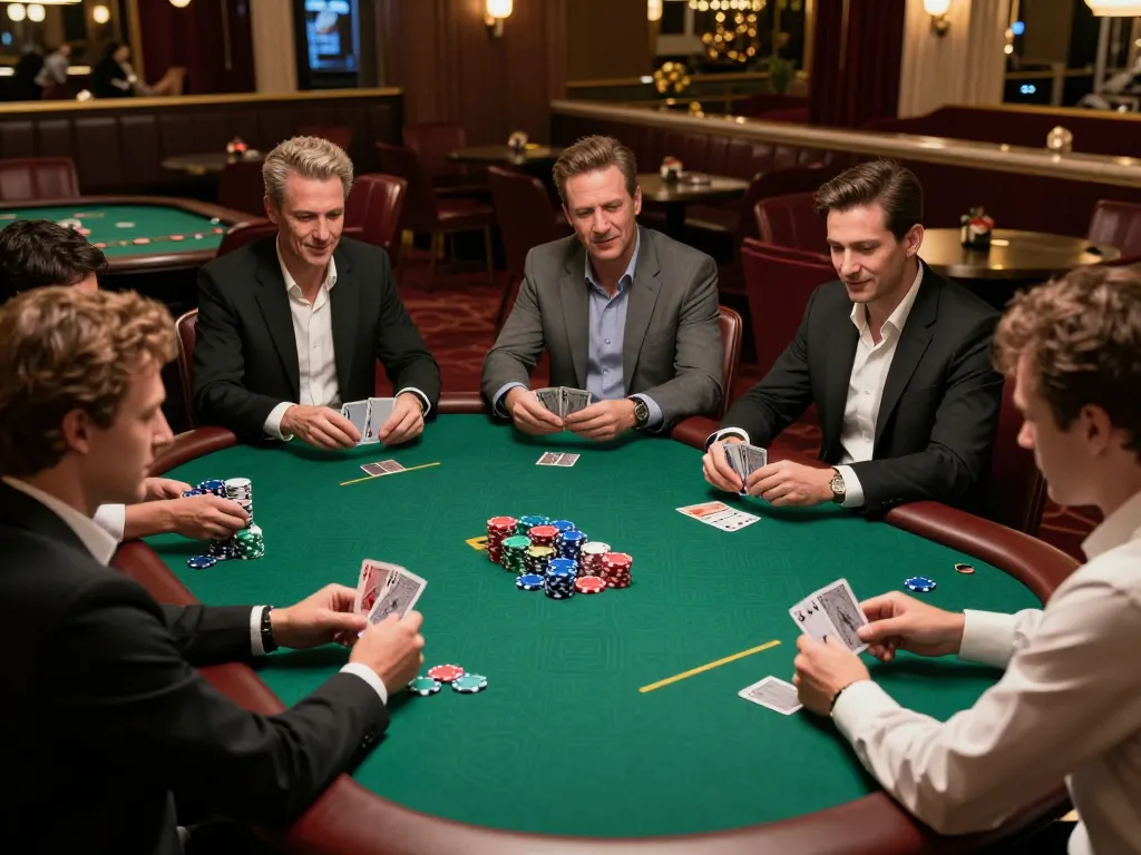nhà cái 79king engaging at a high-stakes poker game, players strategizing with chips and cards.