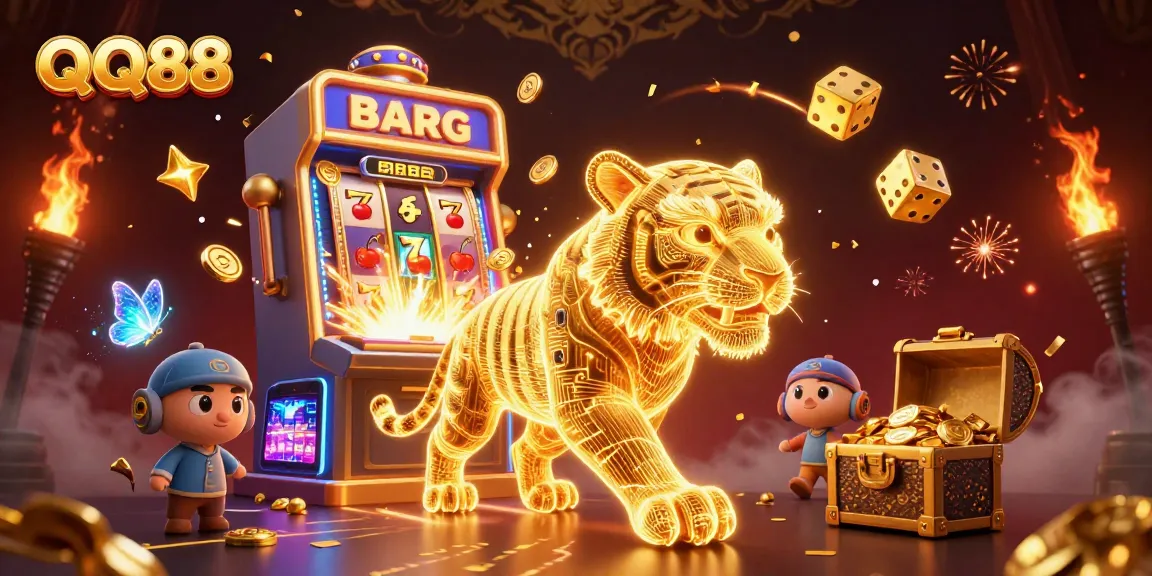 Experience QQ88's dynamic casino atmosphere with a neon tiger and jackpot excitement.