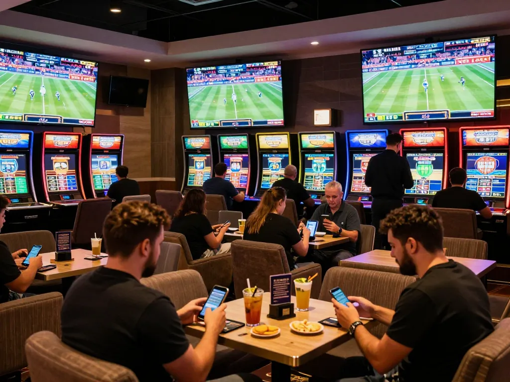 Bongdallu users engaging in strategic online sports betting at a modern casino lounge.