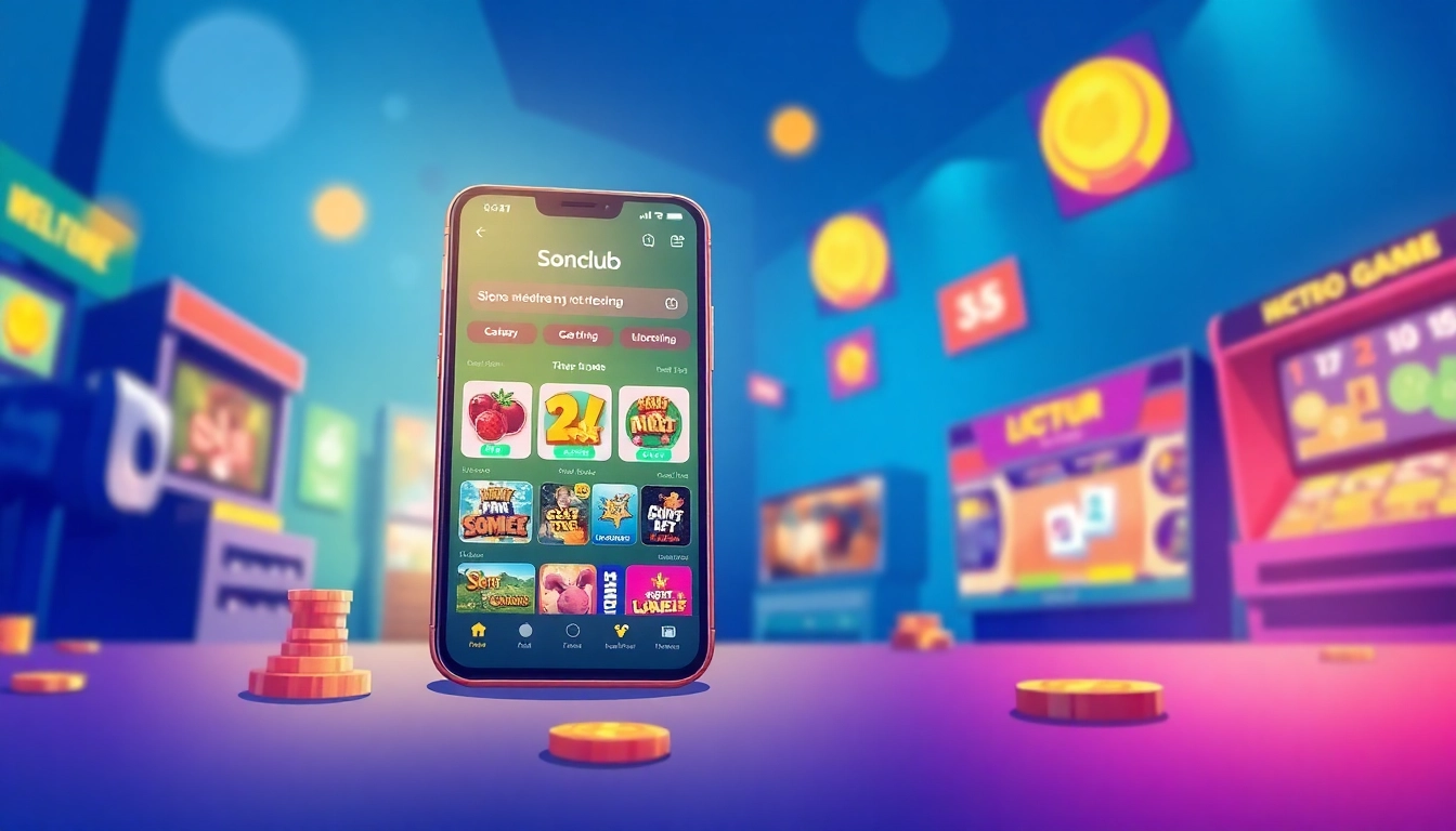 Exciting Sonclub gaming experience featuring vibrant mobile interface and colorful game options.