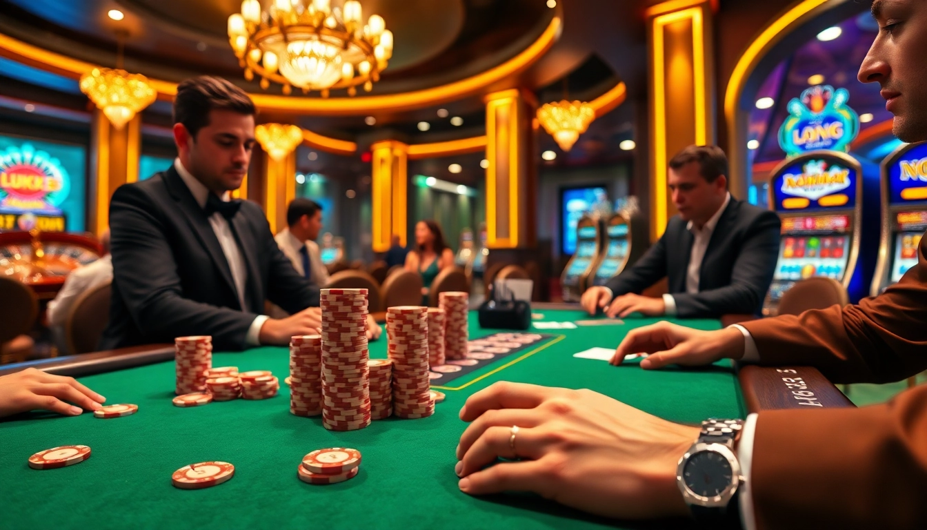 LUCK8 poker game featuring high-stakes action with chips and cards stacked elegantly.