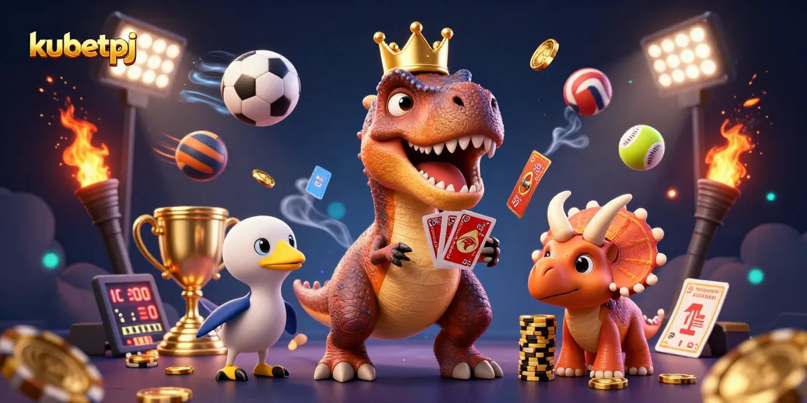 Engage with kubettpj's thrilling gaming scene featuring a T-Rex and friends at the casino.