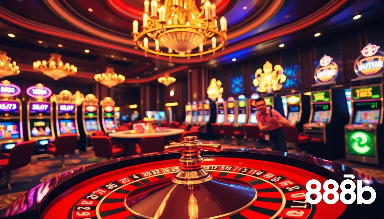Excited players enjoying 888b roulette at a luxurious casino, surrounded by vibrant slot machines.