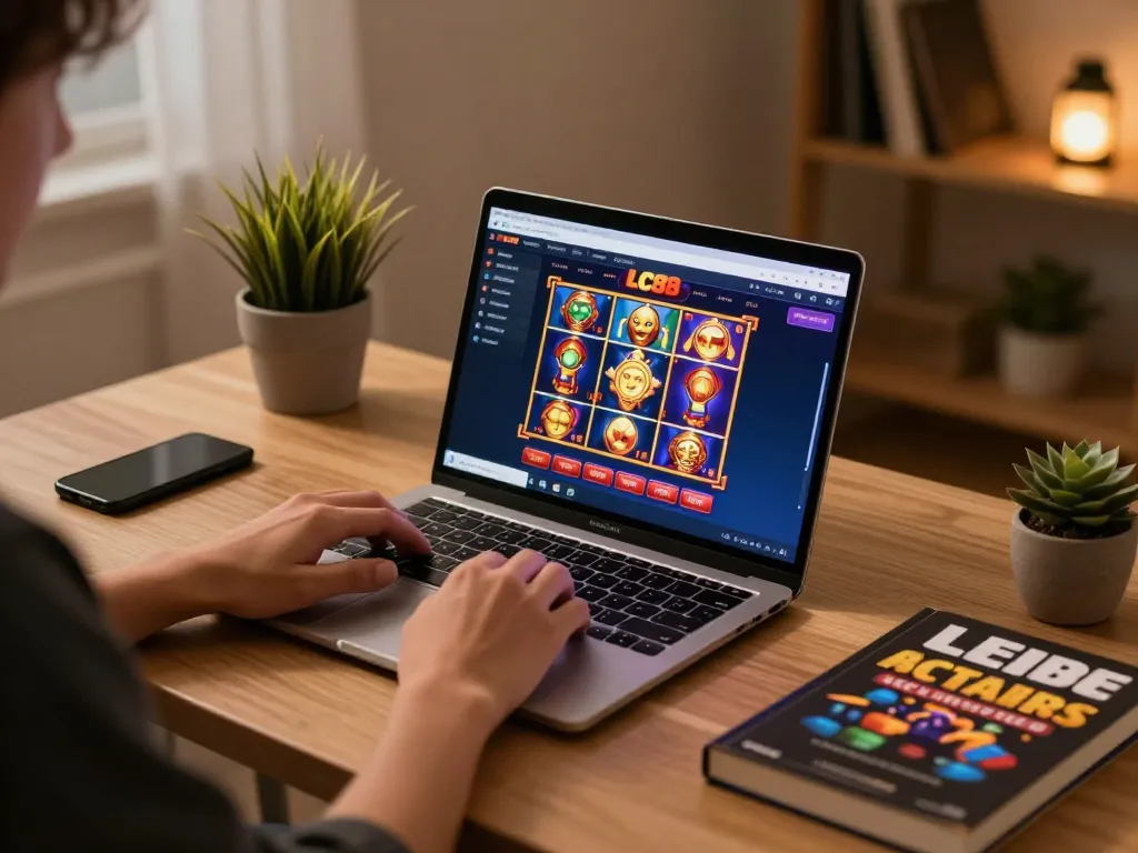 Engaging person using LC88 online casino on a laptop for responsible gaming