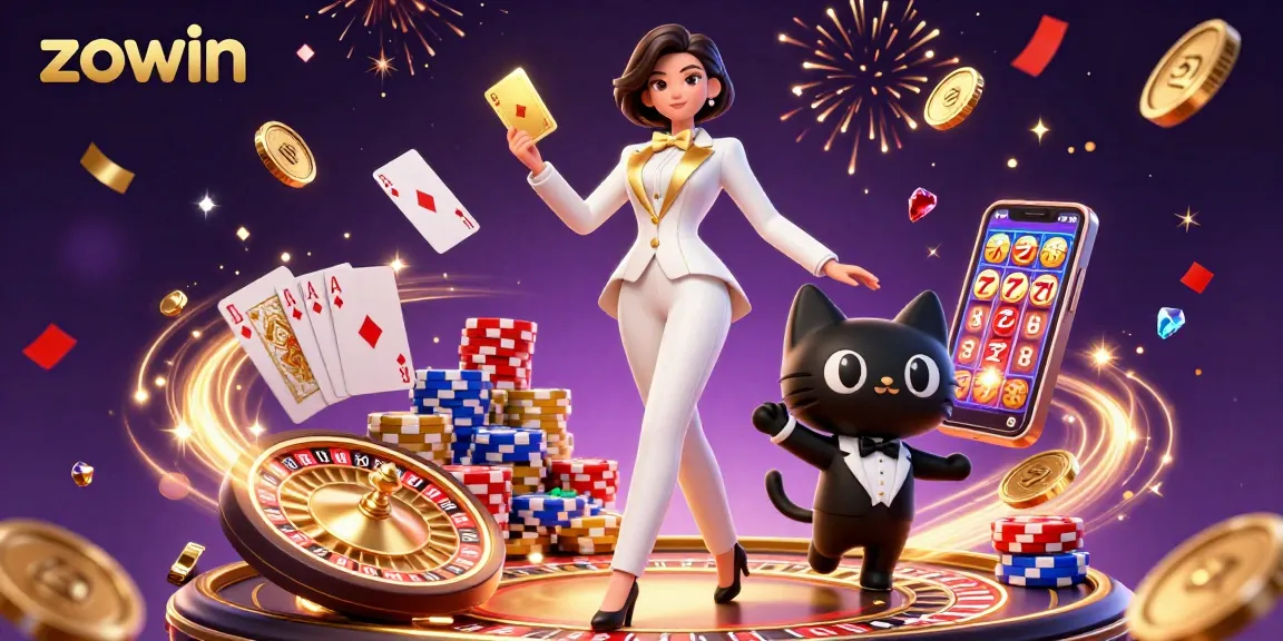 Zowin delights players with a glamorous scene showcasing thrilling casino elements, including cards and coins.
